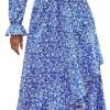 Saonta  Women Long Sleeve Wrap Maxi Dress V Neck Boho Floral High Waist Flowy Ruffle 2024 Spring Summer Dresses with Belt