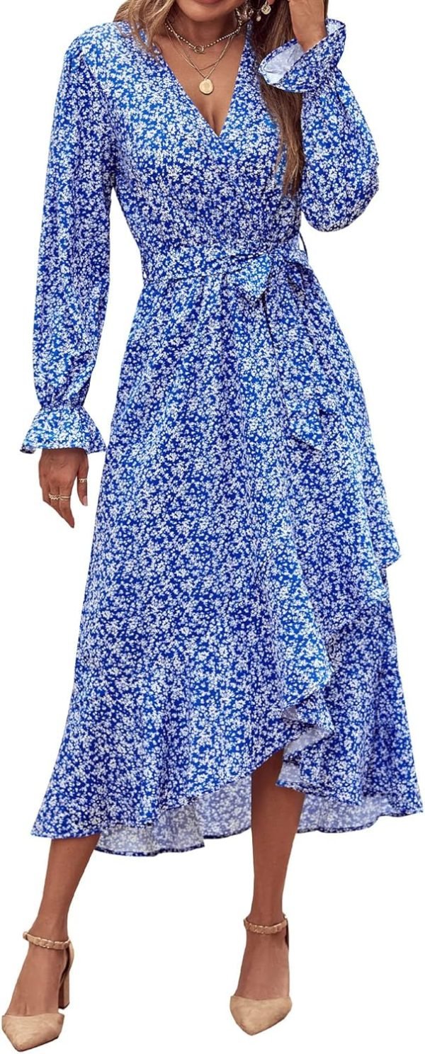 Saonta  Women Long Sleeve Wrap Maxi Dress V Neck Boho Floral High Waist Flowy Ruffle 2024 Spring Summer Dresses with Belt