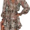 Saonta  Womens Summer Dresses 2024 Boho Floral Drawstring V Neck Smocked Long Sleeve Ruffle Tiered Chiffon Mini Short Dress