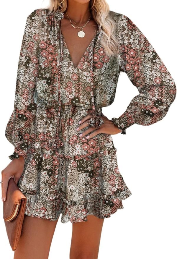 Saonta  Womens Summer Dresses 2024 Boho Floral Drawstring V Neck Smocked Long Sleeve Ruffle Tiered Chiffon Mini Short Dress