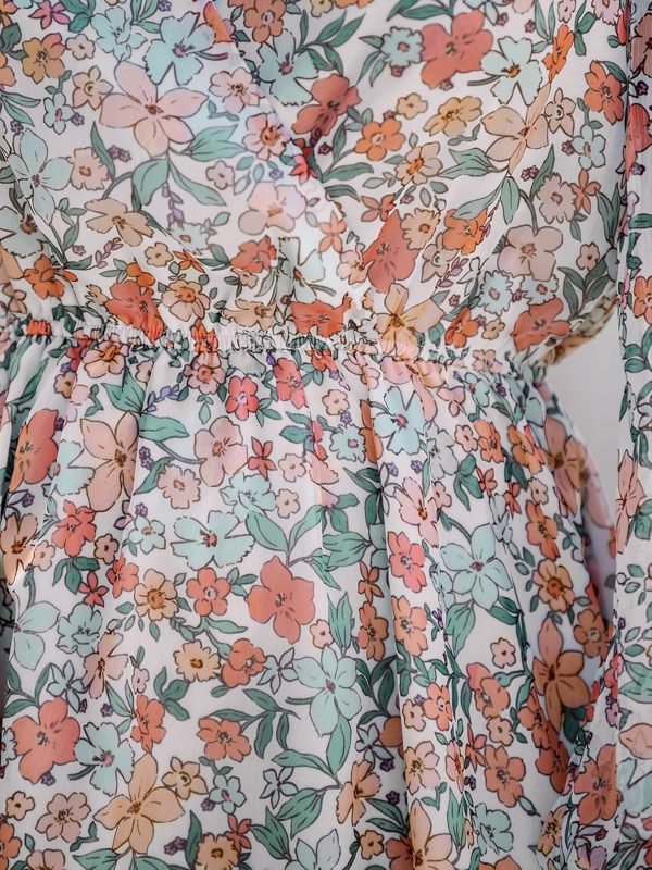 Saonta  Women's Floral Print Chiffon A-Line Mini Dress Long Peasant Sleeves