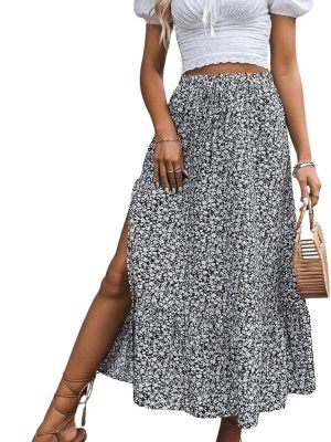 81OZJzJZKgL._AC_SL1500 Saonta Women's Casual High Waist Floral Print Skirt Split Thigh A Line Maxi Skirts