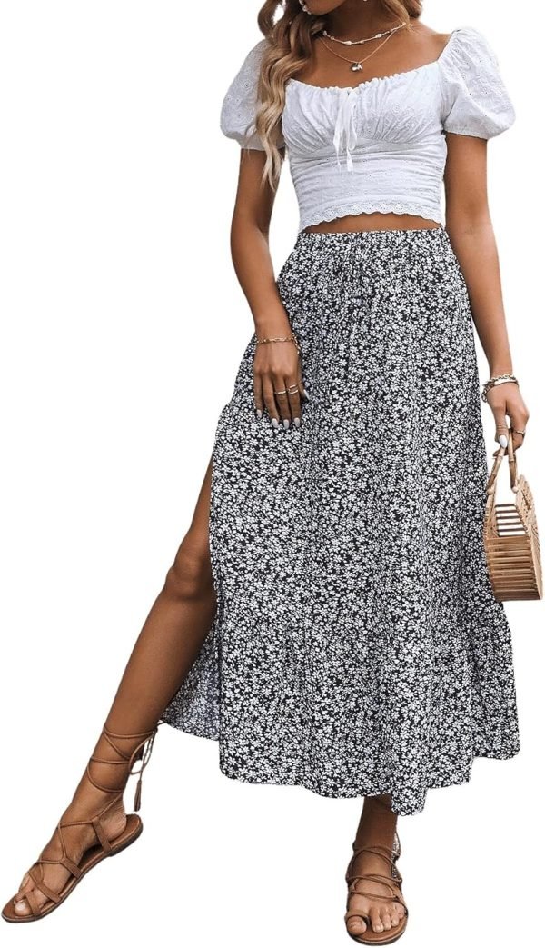 Saonta  Women's Casual High Waist Floral Print Skirt Split Thigh A Line Maxi Skirts