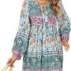 Saonta  Womens Long Sleeve Floral Casual Print Cotton Mini Tunic Dress