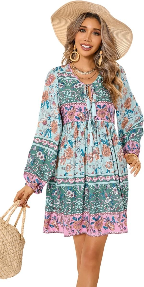 Saonta  Womens Long Sleeve Floral Casual Print Cotton Mini Tunic Dress