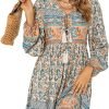 Saonta  Womens Long Sleeve Floral Casual Print Cotton Mini Tunic Dress