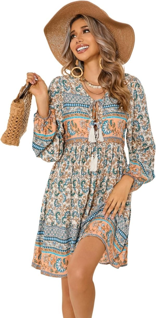 Saonta  Womens Long Sleeve Floral Casual Print Cotton Mini Tunic Dress