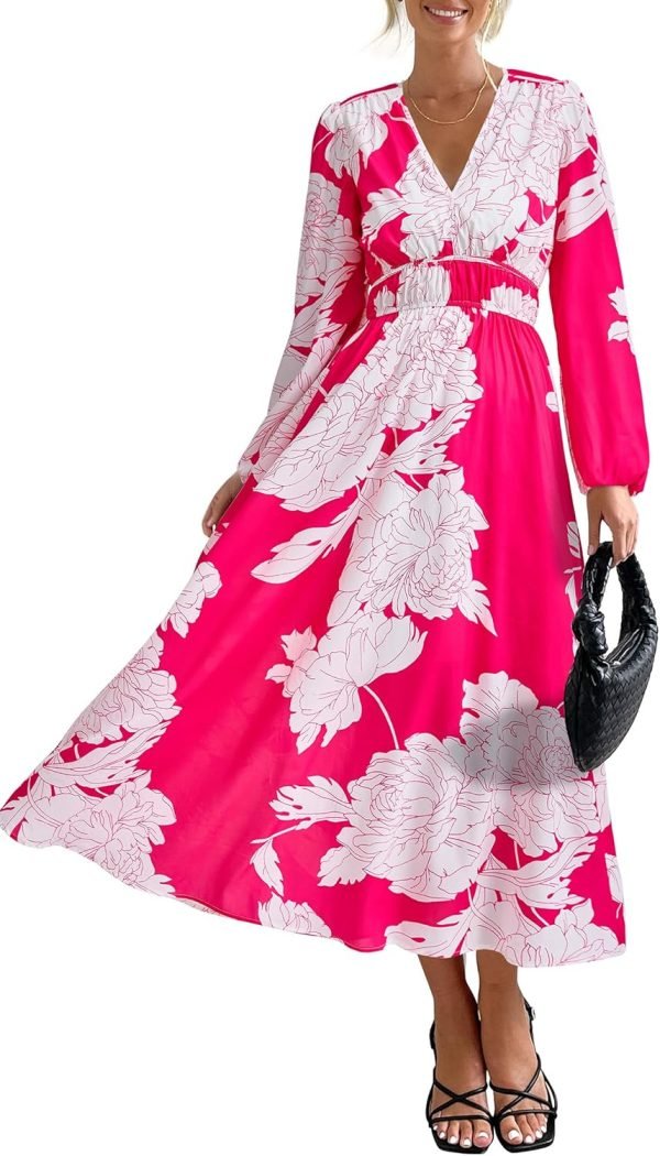 Saonta  Women's 2024 Fall Boho Maxi Dress Casual Long Sleeve V Neck Printed Beach Long Flowy Dresses