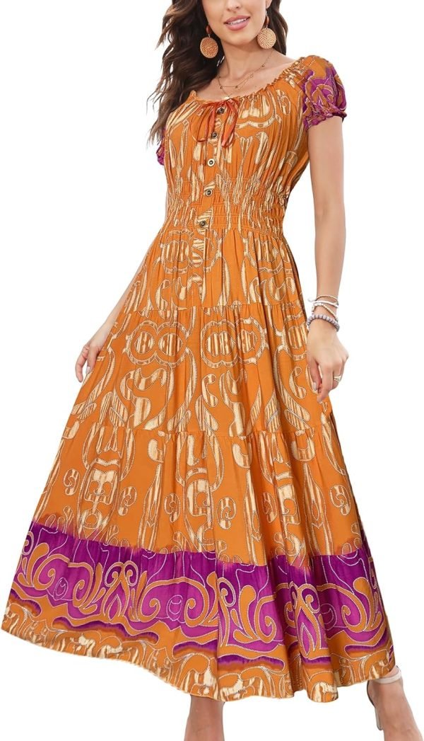 Saonta  Women's 2024 Summer Short Sleeves Boho Floral Print Tiered Casual Flowy Long Maxi Dress