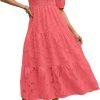 Saonta  Women's 2024 Summer Puff Sleeve Smocked Floral Dress Crewneck Lace Flowy Tiered Midi Dresses