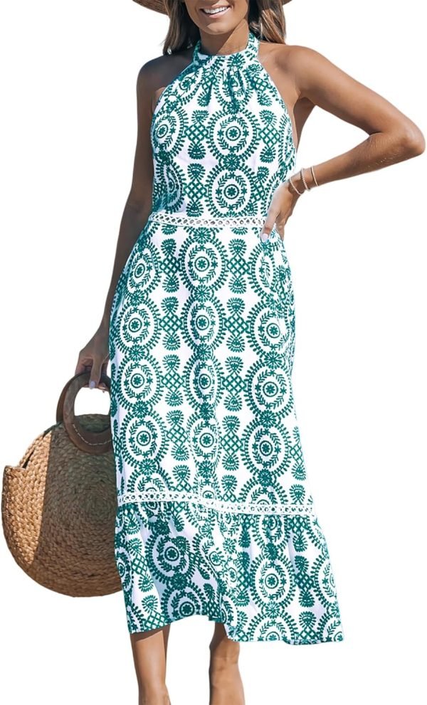 Saonta  Women's Midi Dress Halter Paisley Sleeveless Cutout Waist Long Beach Boho Summer Dress