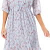 Saonta  Women's Short Sleeve V-Neck 3/4 Sleeve Button Up Chiffon Floral Pleated Midi Swing Dress with Belt