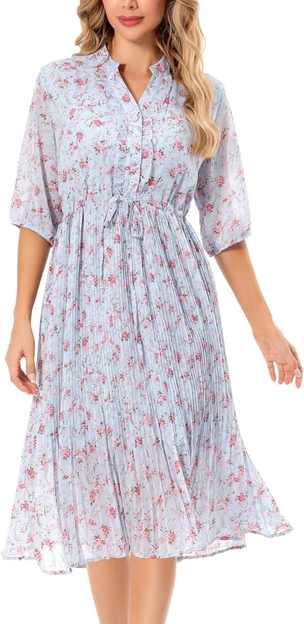 Saonta  Women's Short Sleeve V-Neck 3/4 Sleeve Button Up Chiffon Floral Pleated Midi Swing Dress with Belt