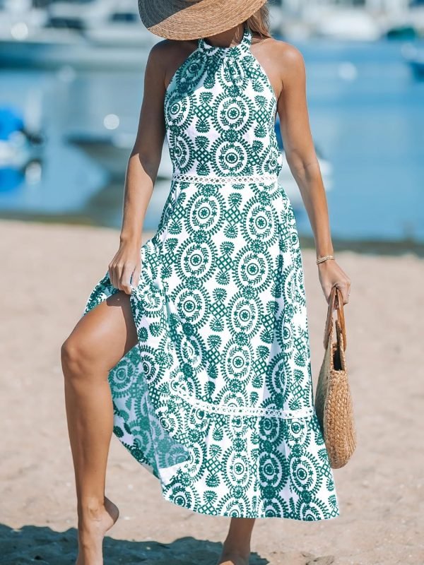 Saonta  Women's Midi Dress Halter Paisley Sleeveless Cutout Waist Long Beach Boho Summer Dress
