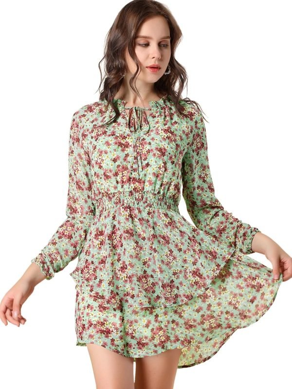 Saonta  K Women's Ruffled Floral Smocked Waist Layered Tiered Chiffon Dress