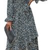 Saonta  Women Long Sleeve Wrap Maxi Dress V Neck Boho Floral High Waist Flowy Ruffle 2024 Spring Summer Dresses with Belt