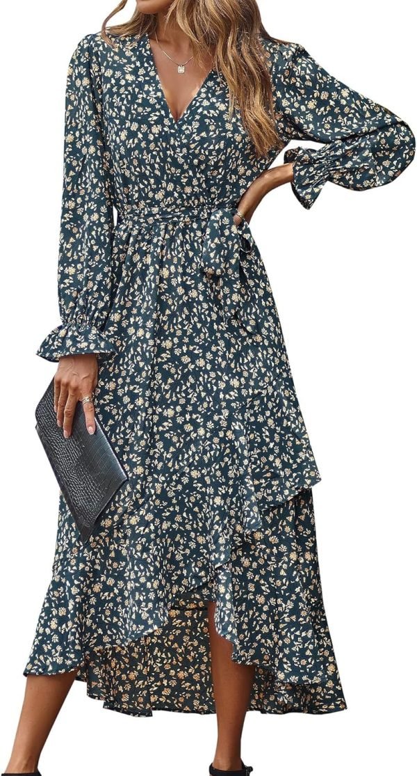 Saonta  Women Long Sleeve Wrap Maxi Dress V Neck Boho Floral High Waist Flowy Ruffle 2024 Spring Summer Dresses with Belt