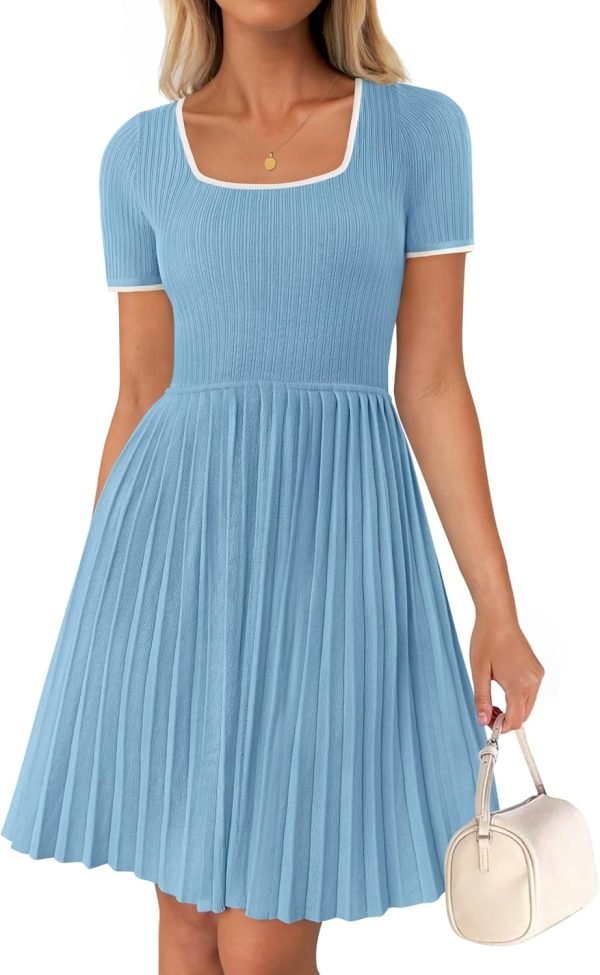 Saonta Women's Ribbed Square Neck Color Block Pleated Mini Dress Short Sleeve A Line Knit Short Dresses
