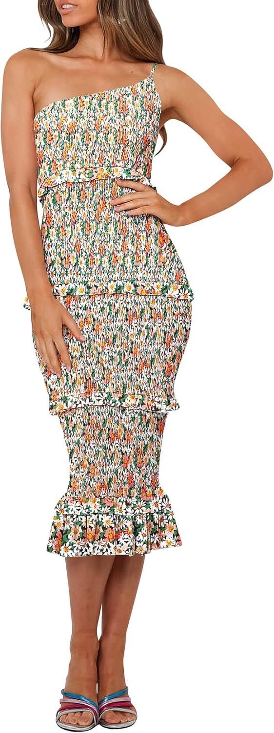 Saonta  Womens Floral Summer One Shoulder Strappy Tiered Ruffle Midi Bodycon Dresses