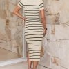 Saonta Women's Summer Bodycon Midi Dress 2024 Striped Short Sleeve Ribbed Knit Slim Fit Side Slit T Shirt Dresses