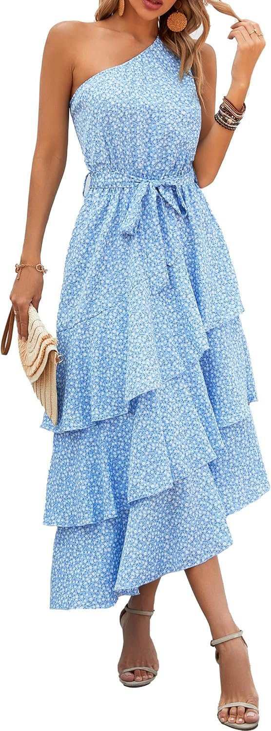 Saonta Womens Summer Floral One Shoulder Tiered Ruffle Flowy Midi Beach Boho Dress