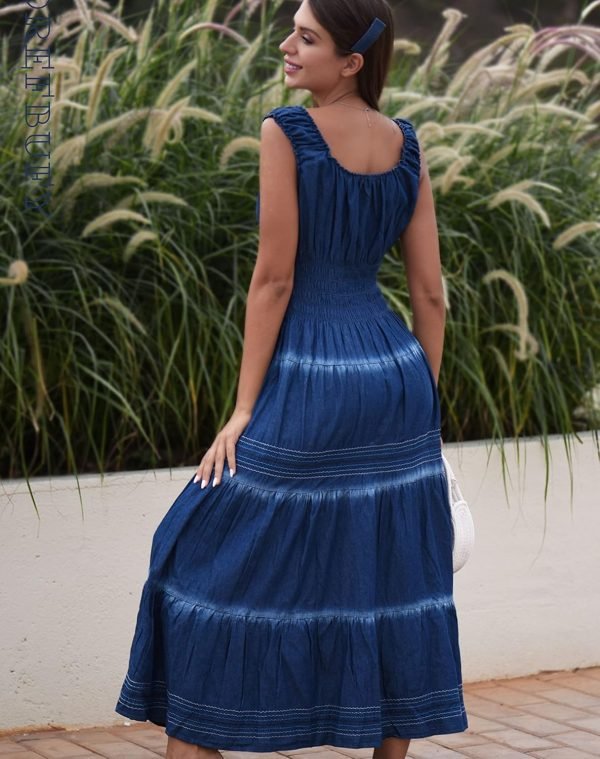 Saonta  Women's Maxi Dress Sleeveless Denim Long Summer A-line Casual Blue Cotton Boho Flowy Sundresses for Women