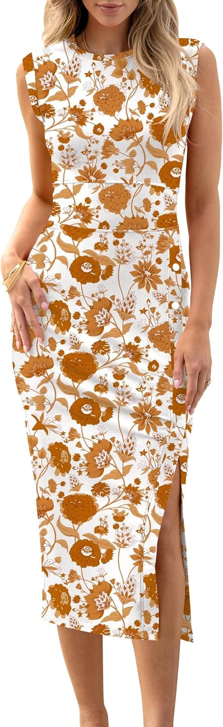 Saonta  Womens Summer Sleeveless Bodycon Midi Dress Button Slit 2024 Fashion Casual Sundress Cocktail Party Dresses