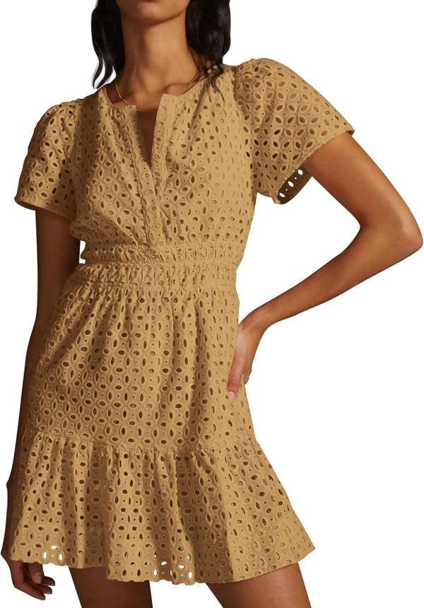 Saonta  Womens 2024 Summer Short Dress V Neck Short Sleeve A Line Hollow Out Lace Ruffle Cute Casual Beach Party Dresses