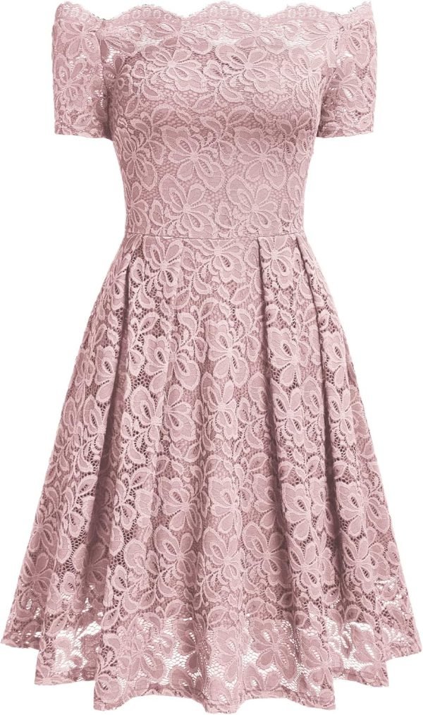 Saonta  Women's Vintage Floral Lace Short Sleeve Boat Neck Cocktail Party Swing Dress