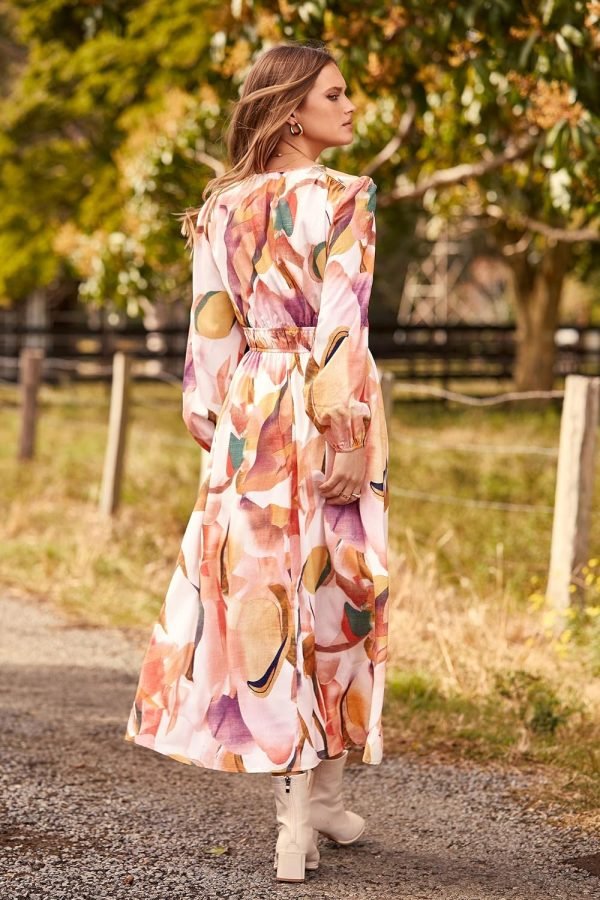 Saonta  Women's 2024 Fall Boho Maxi Dress Casual Long Sleeve V Neck Printed Beach Long Flowy Dresses