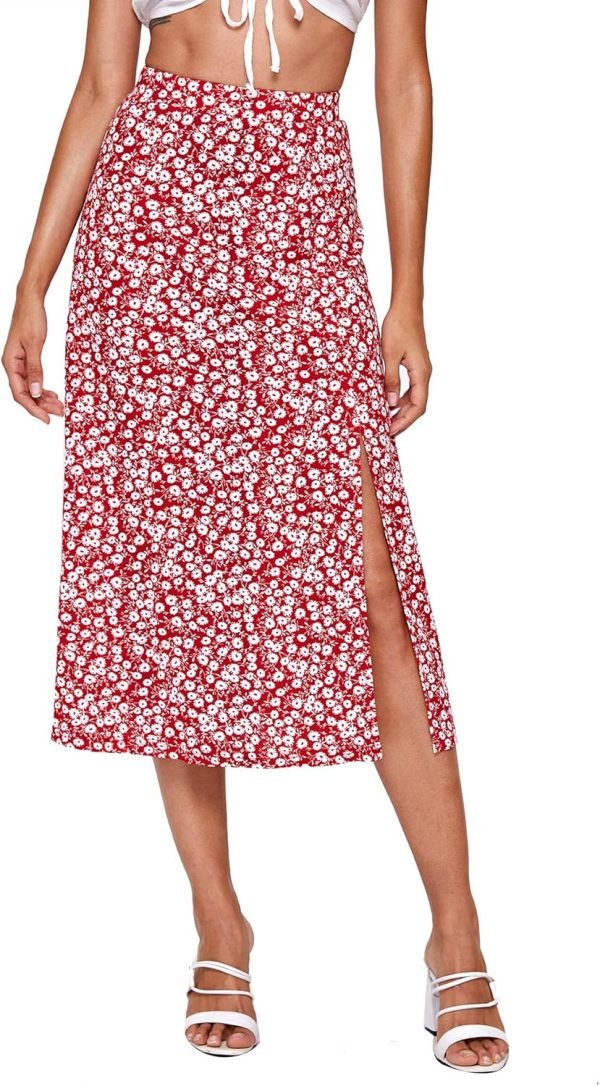 Saonta  Women's Sexy Boho Floral Split Thigh High Waist Swing Midi Skirt