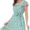 Saonta  K Women's Floral Chiffon Flutter Sleeve Belted Square Neck Ruffled Hem Dress