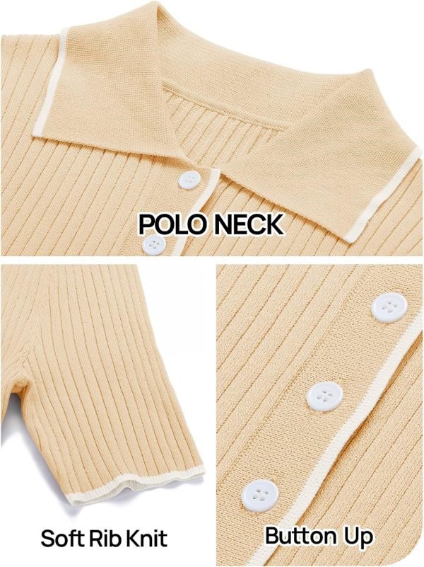 Saonta  Women's V Neck Ribbed Knit Maxi Dress Button Short Sleeve Slim Fit Bodycon Sweater Dress