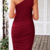 Saonta Women's Ruched Bodycon Dress 2024 Summer One Shoulder Sleeveless Party Cocktail Pencil Dresses