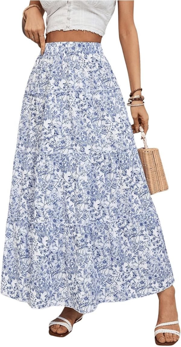 Saonta  Women's Floral Print Elastic High Waist Pleated Ruffle Flowy Long Skirts