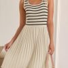 Saonta Women's Summer Sleeveless Mini Dress 2024 Square Neck Striped Knit A Line Pleated Tank Dresses