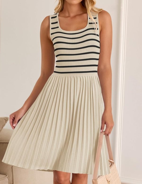 Saonta Women's Summer Sleeveless Mini Dress 2024 Square Neck Striped Knit A Line Pleated Tank Dresses