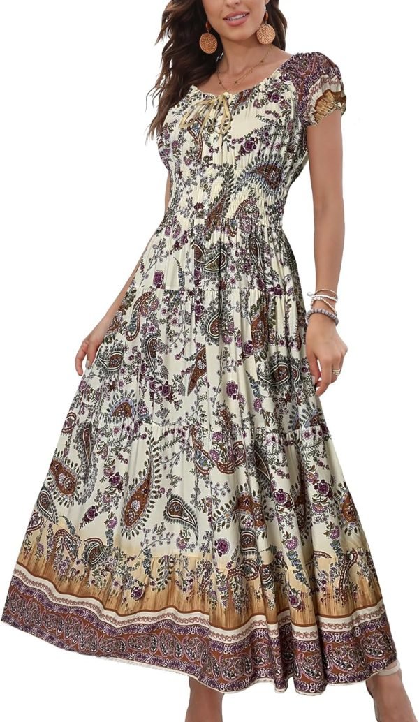 Saonta  Women's 2024 Summer Short Sleeves Boho Floral Print Tiered Casual Flowy Long Maxi Dress