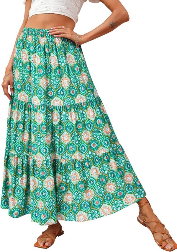 Saonta  Womens 2024 Spring Summer High Waist Boho Floral Maxi Skirt Casual Flowy Swing Pleated A Line Beach Long Skirts