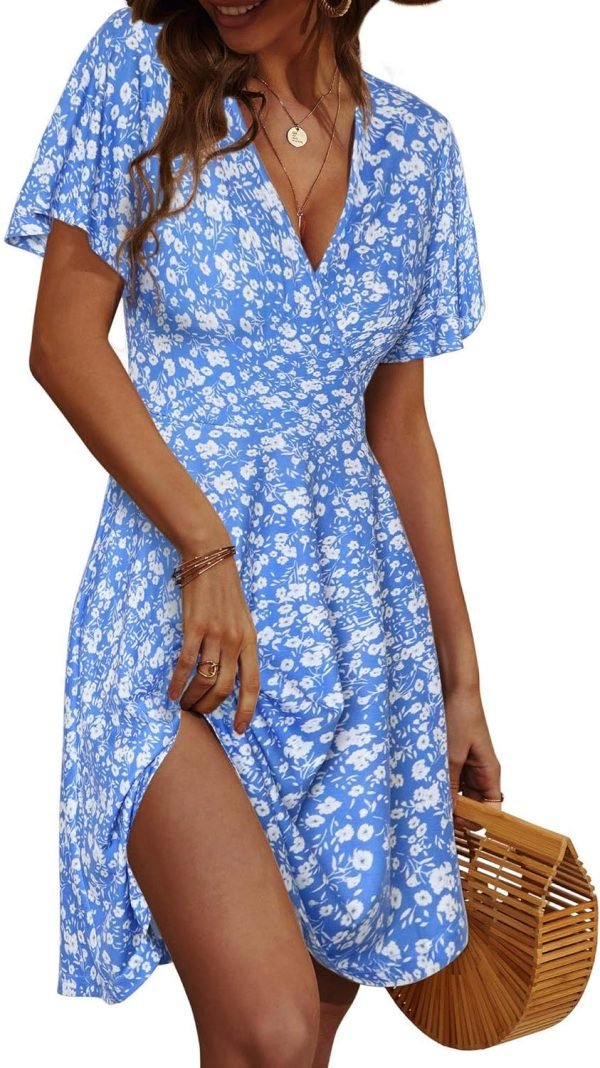 Saonta  Womens Sundress Summer Floral Short Sleeve Wrap V Neck A-Line Midi Dress