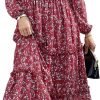 Saonta  Women 2024 Fall Dress Floral Boho Dress Casual Long Sleeve Crew Neck Ruffle A-Line Flowy Wedding Guest Maxi Dresses