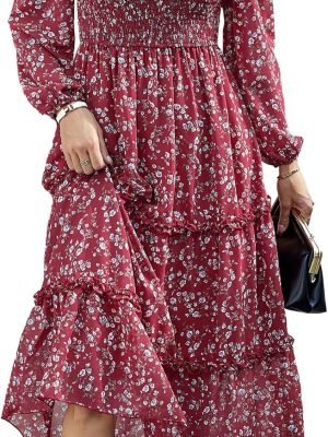 Saonta  Women 2024 Fall Dress Floral Boho Dress Casual Long Sleeve Crew Neck Ruffle A-Line Flowy Wedding Guest Maxi Dresses