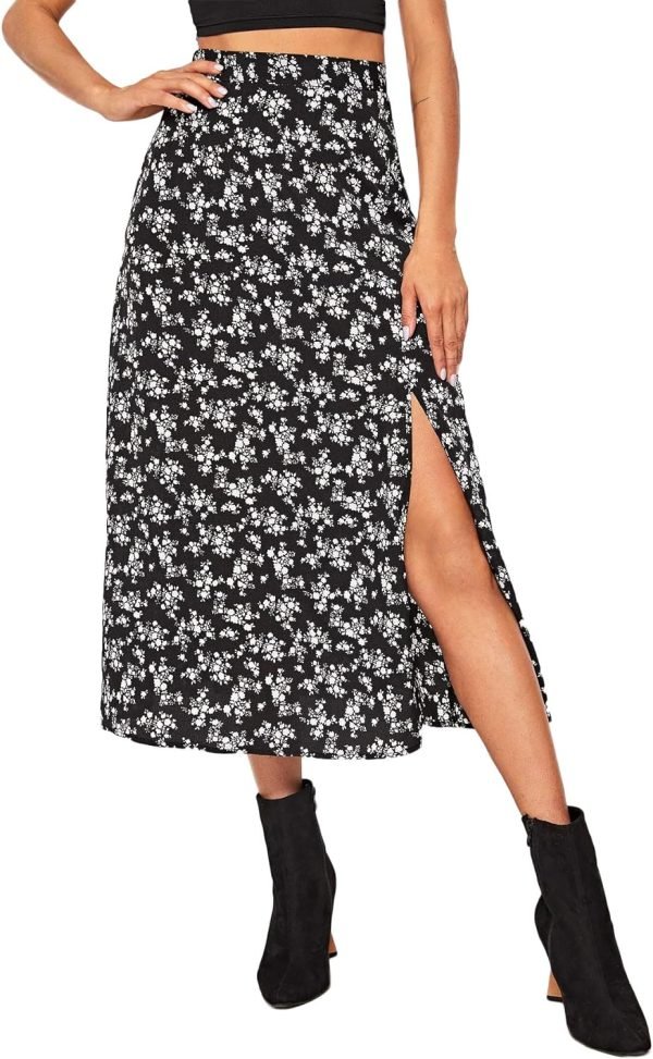 Saonta  Women's Boho Floral High Waist Split A Line Midi Skirt