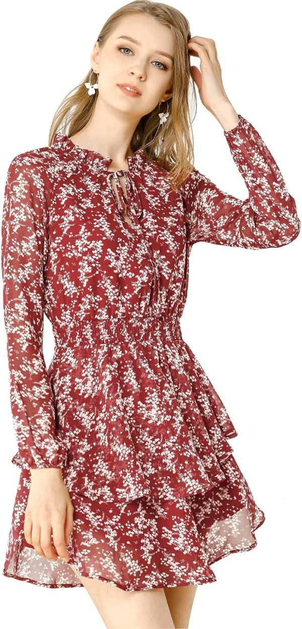 Saonta  K Women's Ruffled Floral Smocked Waist Layered Tiered Chiffon Dress