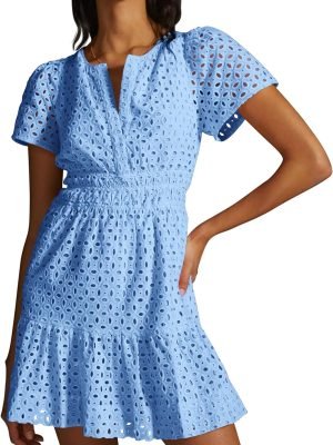 Saonta  Womens 2024 Summer Short Dress V Neck Short Sleeve A Line Hollow Out Lace Ruffle Cute Casual Beach Party Dresses