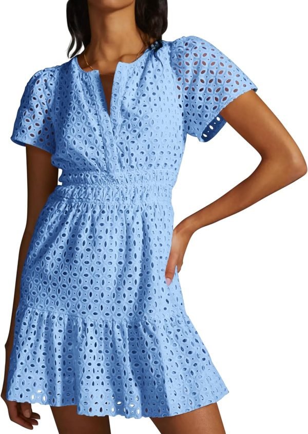 Saonta  Womens 2024 Summer Short Dress V Neck Short Sleeve A Line Hollow Out Lace Ruffle Cute Casual Beach Party Dresses