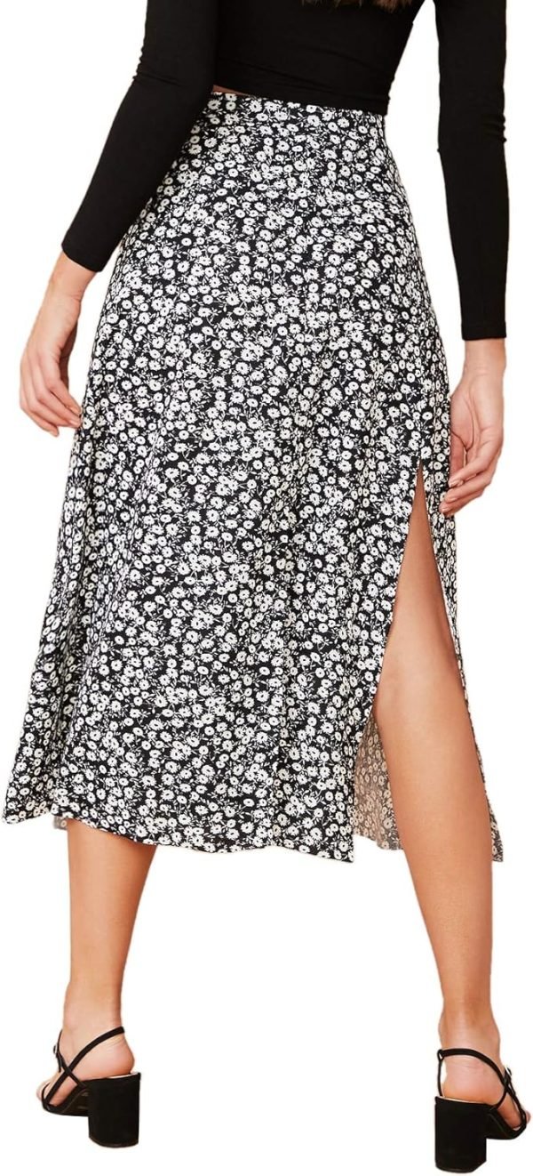 Saonta  Women's Sexy Boho Floral Split Thigh High Waist Swing Midi Skirt