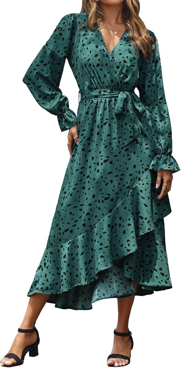 Saonta  Women Long Sleeve Wrap Maxi Dress V Neck Boho Floral High Waist Flowy Ruffle 2024 Spring Summer Dresses with Belt