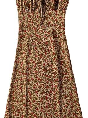 Saonta  Women's Floral Dress Low-Cut Square Neck Spaghetti Strap Tie Bodycorn Dresses