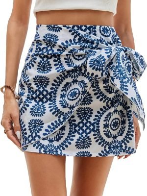 81ZZVYXEAYL._AC_SL1500 Saonta Women's Allover Print Wrap Short Skirt High Waisted Knot Side Boho Mini Skirts